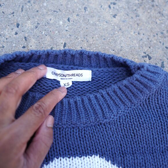 Grayson Threads USA Cropped Knit Sweater XS Blue Graphic Cotton Y2K Preppy - Picture 5 of 12